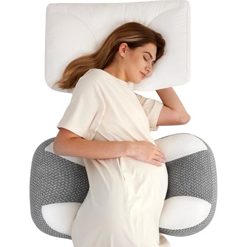 Momcozy Plus W Shaped Pregnancy Pillow for Sleeping, Adjustable Maternity Pillow for Side Sleepers, Portable Wedge Belly Support, Compact Design for Back Belly and HIPS, Grey and White