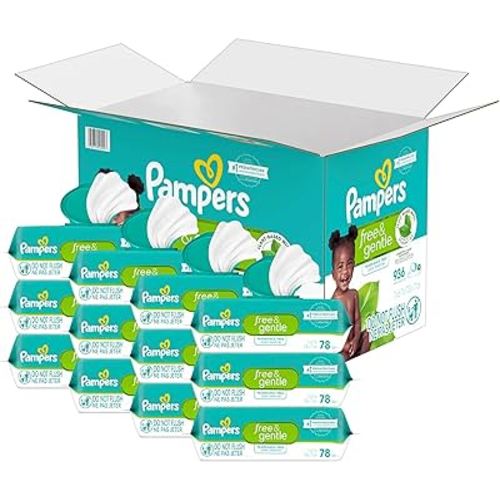 Pampers Baby Wipes, Free & Gentle, Hypoallergenic and Unscented Wipe, 100% Plant Based, Plastic-Free for Babies, 936 Total (12 Flip-Top Packs)