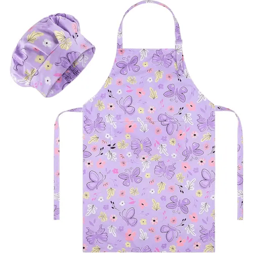 MHJY Kids Apron and Chef Hat Set, Child Aprons for Cooking Baking Painting Cute Toddler Girls Apron with Pockets 3-12 Years