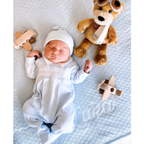 Hand Smocked CLB Charmed Blue Footie with Collar