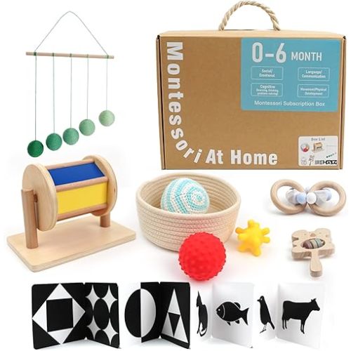 Montessori Toys for Babies 0-6 Months, 6 in 1 Learning Educational Set Toys (Includes Wood Koala Rattle, Spinning Drum, Foldable Black White Cards,Mobile Ball, Teether,Basket with Balls)