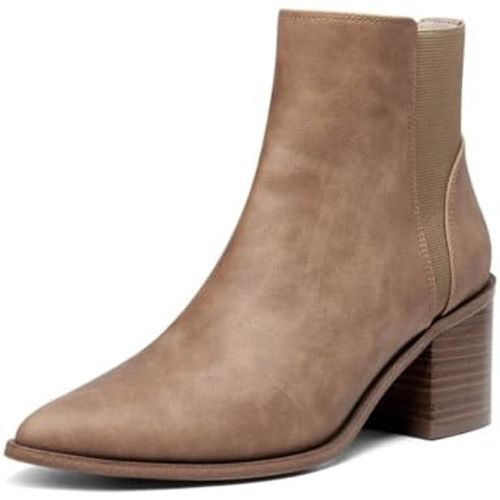 Coutgo Womens Pointed Toe Ankle Boots Elastic Chunky Block Stacked Mid Heel Slip On Chelsea Booties