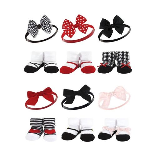 Hudson Baby Infant Girl 12Pc Headband and Socks Giftset, Red Houndstooth Red Pink, One Size