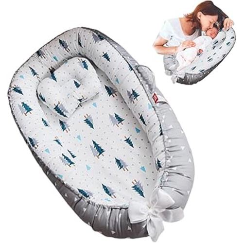 Baby Lounger for Newborn 100% Cotton,Baby Nest Cosleeping for Baby in Bed with Handles,Newborn Lounger Adjustable Size & Strong Zipper Lengthen Space to 24 Months(Forest Gray)