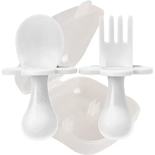 Grabease Toddler Utensils Toddler Spoons and Forks Baby Silverware Baby Self Feeding Utensils, BPA-Free & Phthalate-Free for Baby & Toddler, 1 Set, Plastic, White