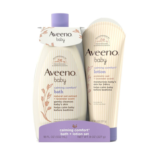 Aveeno Baby Calming Comfort Bath & Body Lotion Set, Nighttime Baby Skin Care Products with Nourishing Oatmeal Plus Relaxing Lavender & Vanilla Scents, Paraben- & Phthalate -Free, 2 Items