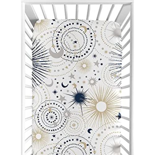 Sweet Jojo Designs Star and Moon Boy or Girl Fitted Crib Sheet Baby or Toddler Bed Nursery - Navy Blue, Gold, and Grey Celestial Sky Stars Gender Neutral Unisex