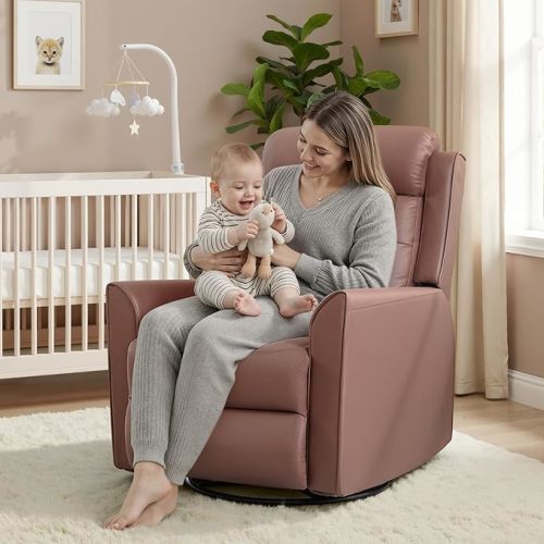 Swivel Rocker Recliner Chair for Adults, Recliner Chairs for Small Spaces, Faux Leather Manual Reclining Sofa Chair, Comfy Soft Nursery Rocking Chair for Living Room, Dark Brown