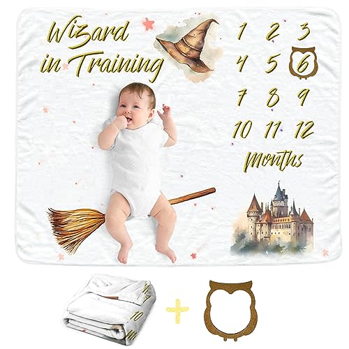 Wizard Baby Monthly Blanket for Newborn Girls and Boys, Newborn Month Blanket, Soft Flannel Photography Background Prop, Personalized Shower Gift, Wizard