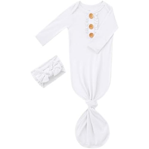 Newborn Baby Girls Knotted Gown Headbands Set Soft Viscose from Bamboo Infant Sleeper Baby Sleep Gown with Mittens