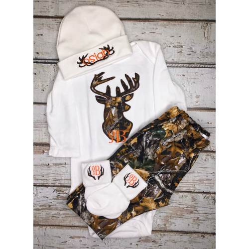Baby Boy Monogrammed Antler Beanie Hat Camo Deerhead Bodysuit Baby Boy Personalized Deer Beanie Hat Baby Hunting Outfit Deer Camo Outfit