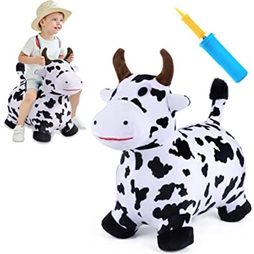 iPlay, iLearn Bouncy Pals Hopping Cow Horse, Toddler Girl Boy Inflatable Bouncing Animal Hopper Toy, Outdoor Indoor Plush Ride on Bouncer, Baby Birthday Gift 18 Month 2 3 4 Year Old Kid - Cow