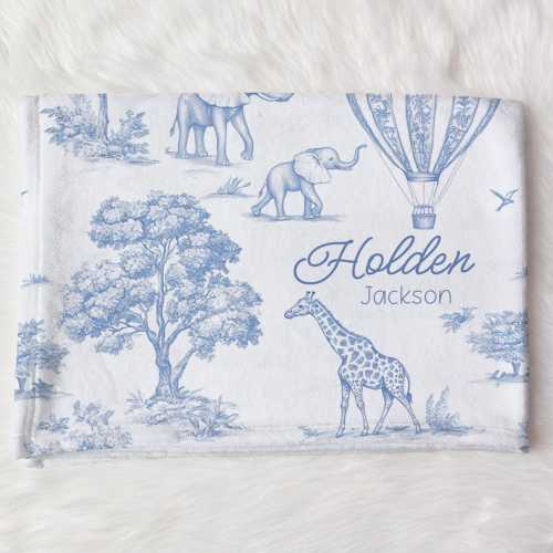 Blue Safari Toile Baby Boy Personalized Swaddle Blanket For Baby Shower, Custom Newborn Baby Boy Gift, Elephant Blanket, Coming Home Outfit