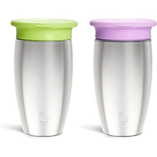Munchkin® Miracle® 360 Toddler Sippy Cup with Lid, Spill Proof, 10 Ounce, Stainless Steel, 2 Pack, Green/Purple