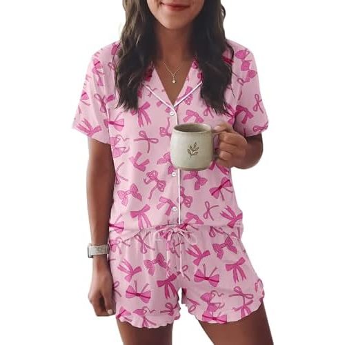 Ekouaer Womens Pajama Sets Button Down Short Sleeve Top and Shorts Cute Ruffled Pjs Sets Sleepwear