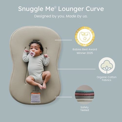 snuggle me® Baby Lounger Curve (0-6 Months) - Premium Organic Cotton with Foam Core, Machine-Washable Cover, Buttery-Soft & Breathable Infant Lounger with Travel Bag (30 in x 20 in x 1.9 in) - Birch