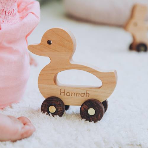 Wooden Toy Duck With Child's Name. Custom Baby Shower Gifts. Animals on the Wheels. Toddler Toys. Personalized Gift For Kids. Baptism Gifts.