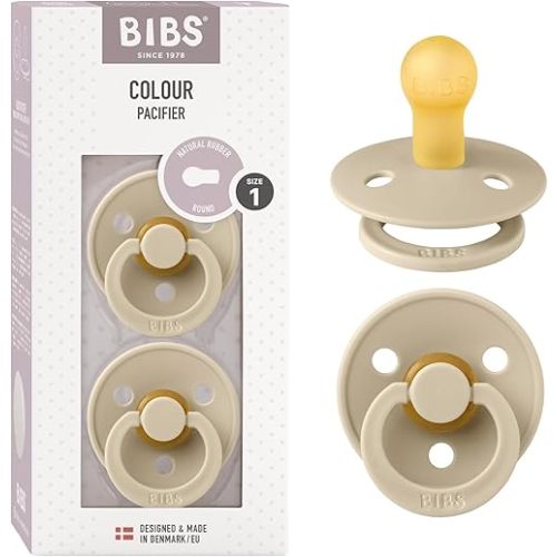 BIBS Pacifiers Colour Collection | Natural Rubber Baby Pacifier | Round Nipple | Set of 2 BPA-Free Soothers | Made in Denmark | 0+ Months (Pack of 2) | Vanilla