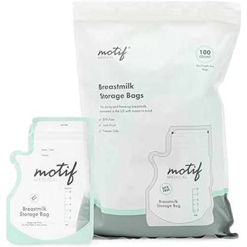 Motif Medical, Milk Storage Bags, 6 oz Milk Freezer Bag with Easy Pour Spout, BPA Free, Write-On Label - 100 Count