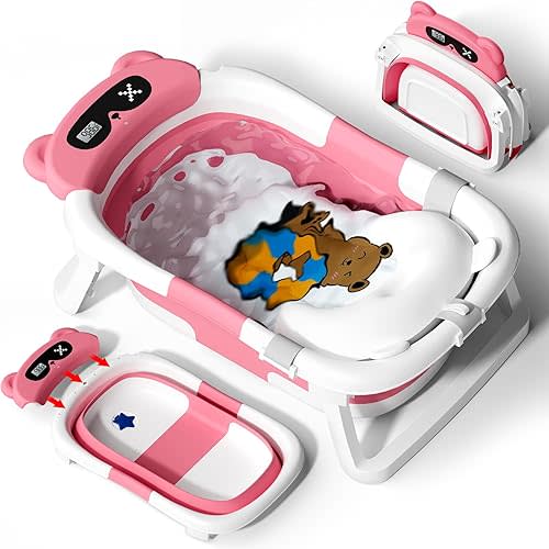 AVIDOR Baby Bathtub,Collapsible Bathtub for Newborn to Toddler,Durable Essential Infant Bath Tub,Portable Travel Baby Tub with Soft Cushion,No-Slip Hanging and Detachable(Rose Pink)