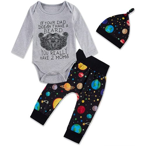 Newborn Baby Boy 3PCS Outfit Set Letter Printed Long Sleeve Bodysuit Clothes+Long Pants+Hat 0-12M