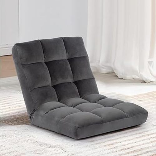 Floor Chair, 24 inches Wide Oversized Velvet Armless Lay Flat Floor seat Padded Meditation Chair with 6 Adjustable Position Ergonomic Comfortable Convenient(LRSF-011-GREY)