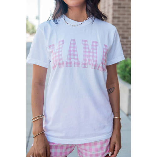 Mama Gingham White Graphic Tee – Pink Lily