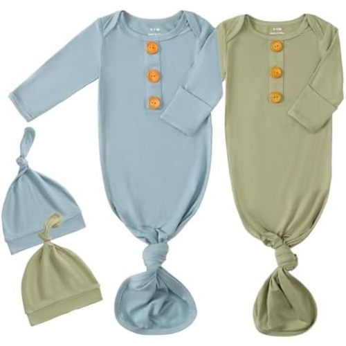 OPAWO Knotted Gown Baby Newborn Sleepers Baby Boy Coming Home Outfit, Bamboo Viscose Baby Gowns with Mitten Cuffs and Hat Set