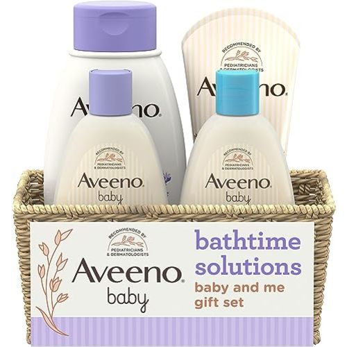 Aveeno Baby Bathtime Solutions Baby & Me Gift Set with Baby Wash & Shampoo, Calming Baby Bath & Wash, Baby Daily Moisturizing Lotion & Stress Relief Body Wash for Mom, Soap-Free, 4 items