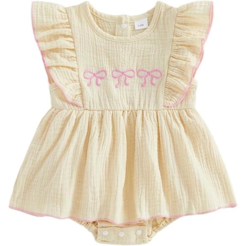 Baby Girl Summer Clothes Newborn Bow Romper Dress Fly Sleeve Smocked Dress Cotton Linen Cute Baby One Piece Outfits
