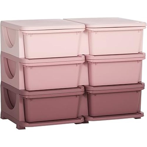 Qaba 3 Tier Kids Storage Unit, 6 Drawer Chest Toy Organizer Plastic Bins for Kids Bedroom Nursery Kindergarten Living Room for Boys Girls Toddlers, Pink