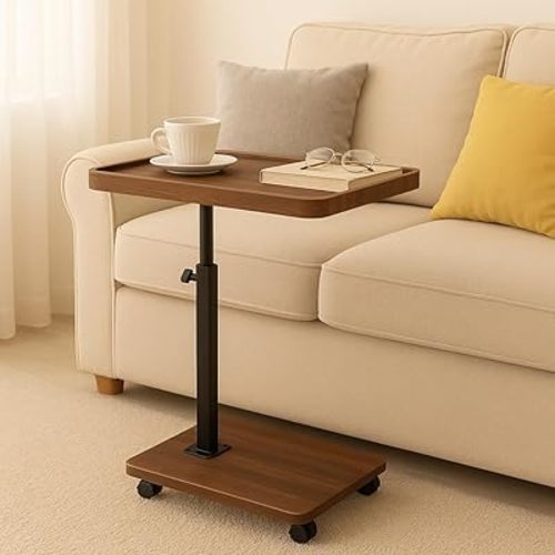 Adjustable Height C Shaped Side Table with Wheels, Rolling Sofa Couch End Table, 360° Swivel Laptop Desk TV Tray, Bedside Snack Table for Small Spaces Living Room Bedroom (Walnut Grain)