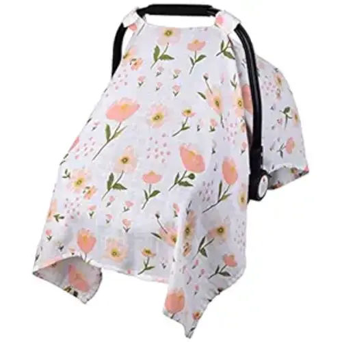 Muslin Car Seat Cover for Babies, Metplus Breathable Infant Carseat Cover Lightweight Baby Carrier Cover for Girls Boys, Fit Spring Summer/Hot Days/Warm Weather, Pink Floral