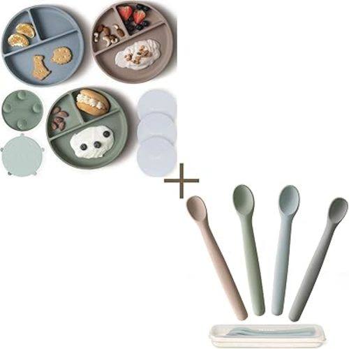 Moonkie Baby Feeding Set | 3 Pack Silicone Suction Plates with Lids & 4 Pack Baby Spoons Set | BPA-Free Toddler Plates & Feeding Utensils | Dishwasher & Microwave Safe | Perfect for Baby-Led Weaning (
