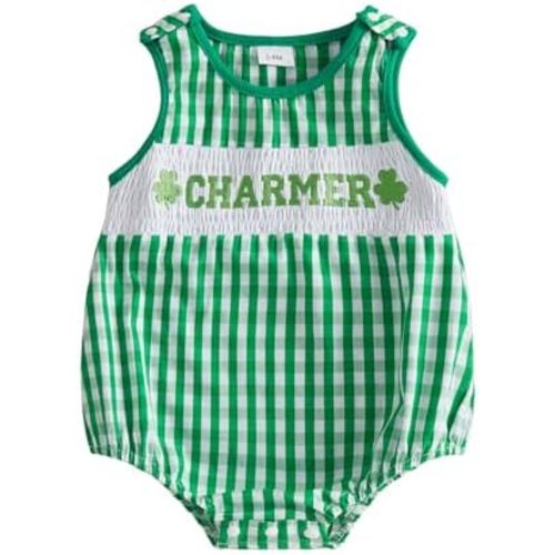 Baby Boy St Patricks Day Outfit Charmer Smocked Bubble Romper Onesie Sleeveless Overalls Irish Baby Spring Clothes