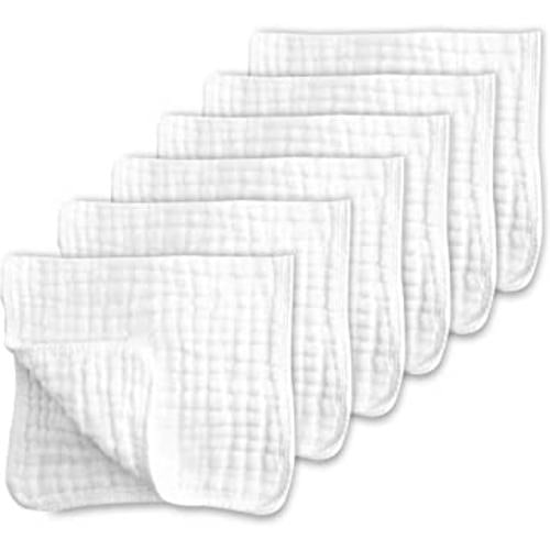Muslin Burp Cloths for Baby 100% Cotton Large 20''X10'' 6 Layers Thicken Super Soft and Absorbent (6 Pack,White)