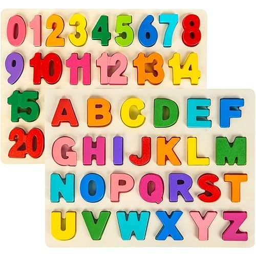 Attmu Wooden Puzzles for Toddlers, Alphabet Puzzle and Number Puzzle, 2 in 1 Preschool Educational Learning Toys with Chunky Wood ABC Puzzle Board, for Girls Boys Kindergarten Set of 2