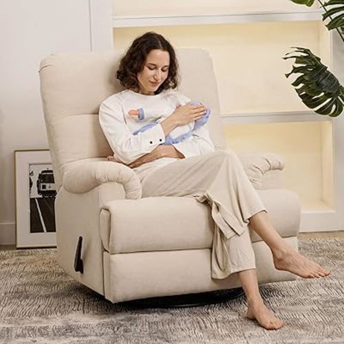 Large Glider Rocker Recliner,Beige Swivel Rocking Recliner Chair,Reclining Sofa Rocking Chair Nursery,23 Inches Deep Seat & 27 inches High Back,for Living Room, Bed Room (Beige)