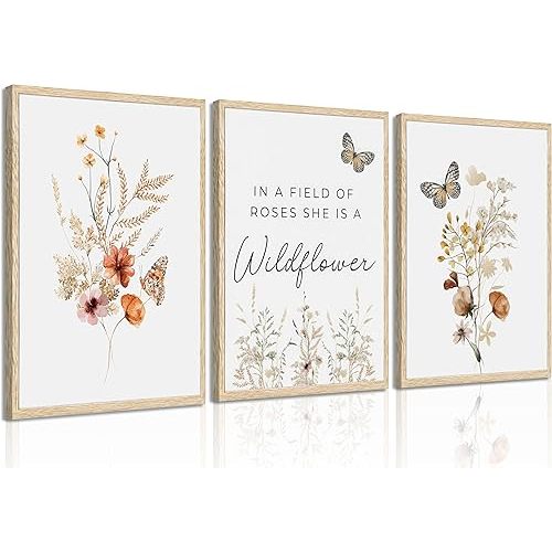 3 Pcs Watercolor Flowers Wall Art In A Field Of Roses She Is A Wildflower Painting Picture Wall Decor Boho Butterfly Wildflowers Poster Print Artwork for Nursery living room Bedroom Home Decoration