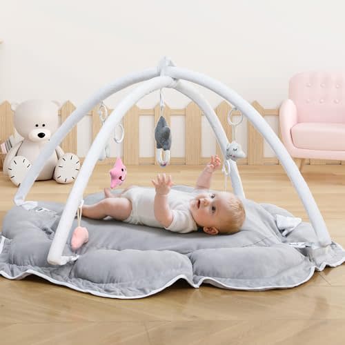 5-in-1 Baby Play Gym and Tummy Time Mat - Thick & Plush Play Mat with 6 Sensory Toys, Convertible Activity Center for Newborn to Toddler, Ball Pit (No Balls Included) & Pet Cushion - Grey