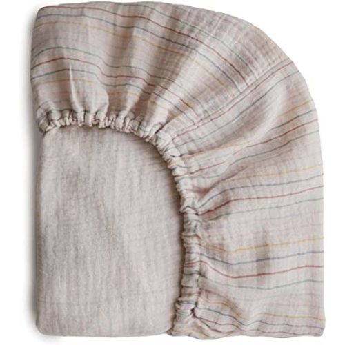 mushie Extra Soft Muslin Fitted Mini Crib Sheet | 24"x 38" (Retro Stripe)