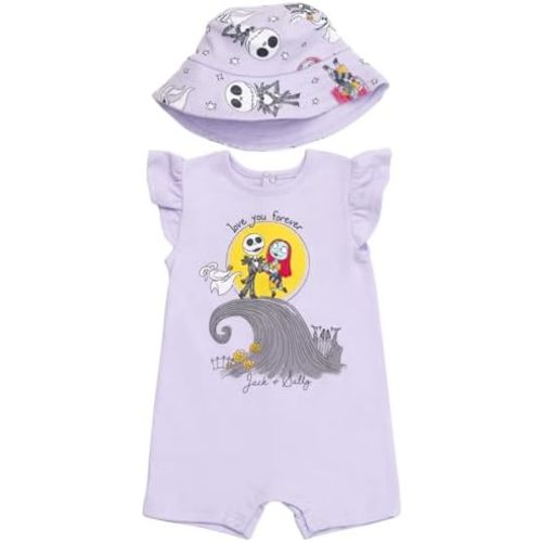 Disney Minnie Mouse Winnie the Pooh Nightmare Before Christmas Baby Girls Snap Romper and Bucket Sun Hat Newborn to Infant