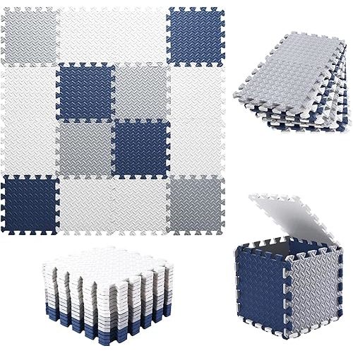 Foam Play Mat for Baby, EVA Non-Toxic Interlocking Floor Mats with Solid Colors, Squares Baby Play Mat, EVA Foam Floor Mat Foam Mats for Kids, Baby, 16 Tiles(White/Light Gray/Dark Blue)