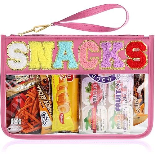 Snack Bag for Travel - Clear Chenille Varsity Letter Flat Pouch with Zipper, Waterproof Clear Nylon Preppy Patch Makeup Cosmetic tote Bags for Women Girls