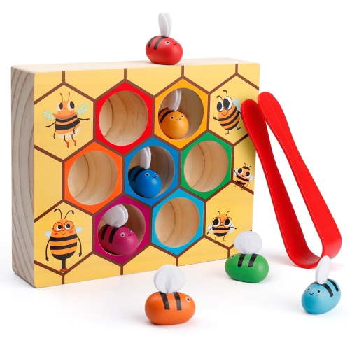 Coogam Toddler Fine Motor Skill Toy, Clamp Bee to Hive Matching Game, Montessori Wooden Color Sorting Puzzle for 1 2 3 Years Old