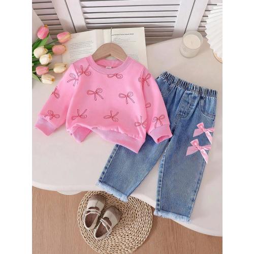 Playful Pals 2pcs/Set Girls Casual Chic Butterfly Print Round Neck Raglan Sleeve Sweatshirt And Elastic Waist Loose Straight Leg Jeans Pants, Suitable For Spring, Autumn, Back To School Fall Winter