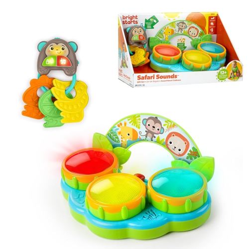 Bright Starts Safari Sounds Gift Set, 2-PK Baby Toys for On The Go, Musical Drum Toy and Car Keys Toy with Car Sounds, Unisex Jungle Theme, 3-6 Months and Up