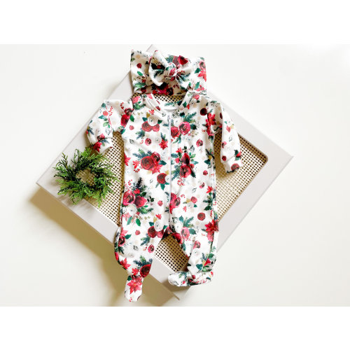 Baby Girl Christmas Coming Home Outfit // Newborn Footies // Organic Cotton Poinsettia Footies, Tie Headband