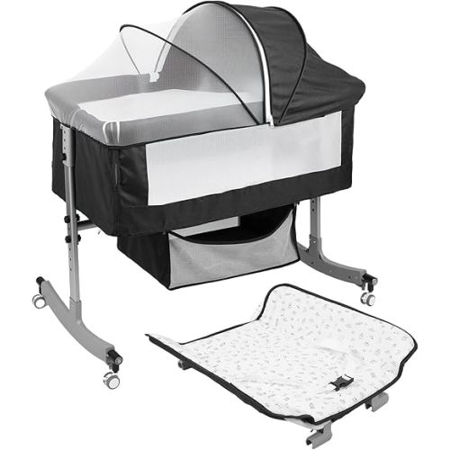 Bedside Bassinet Baby Crib, 4-in-1 Bedside Crib with Changing Table, 6 Levels Height Adjustable Baby Crib with Basket & Mosquito Net, Wheels, Portable Newborn Infant Cradle Bassinet Black