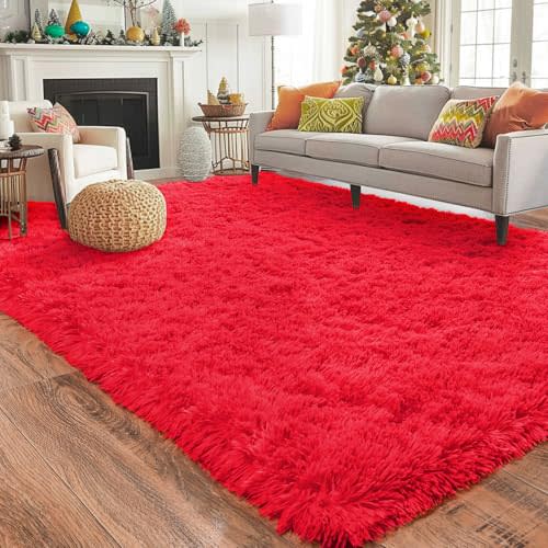 Ailyei Soft Shag Rugs for Bedroom, 4x6 Red Fluffy Shaggy Rugs for Living Room Nursery, Luxury Modern Plush Carpet Girls Boys Kids Room Dorm Indoor Home Decor, Upgrade Non-Slip